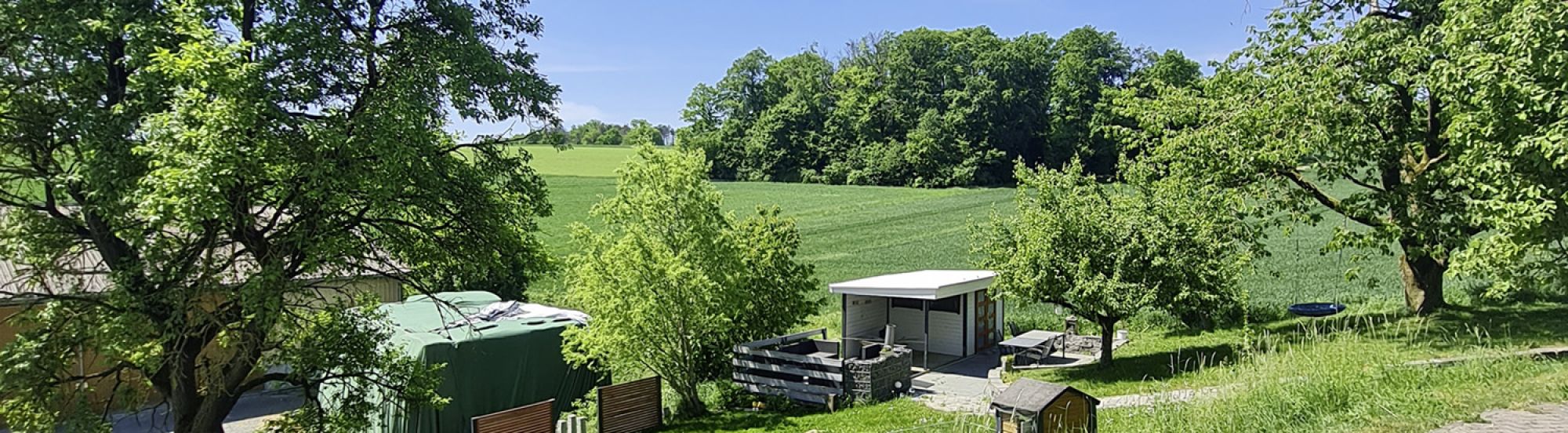 Blick vom Ferienhaus in den grünen Garten